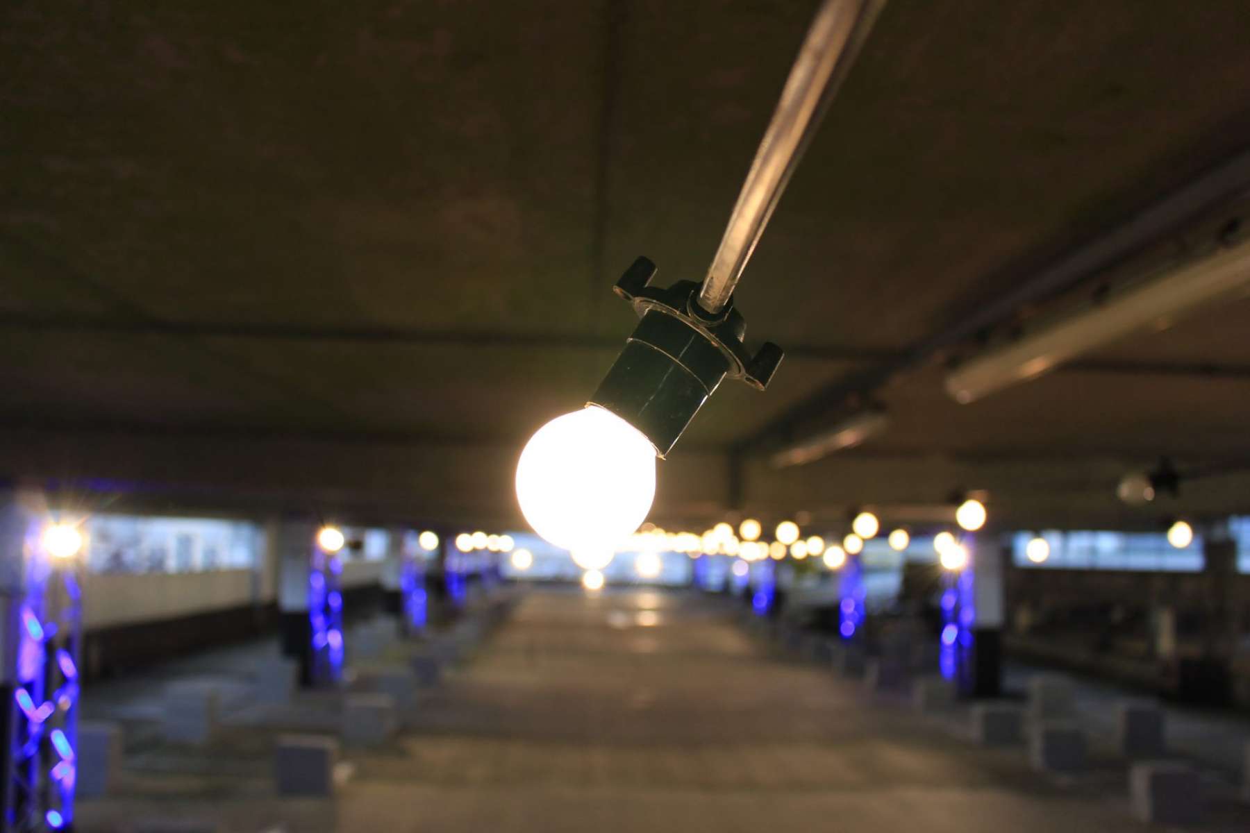 closeup of a festoon lightbulb at a fashion show