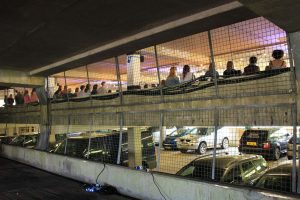 Exterior shot of car park fashion show